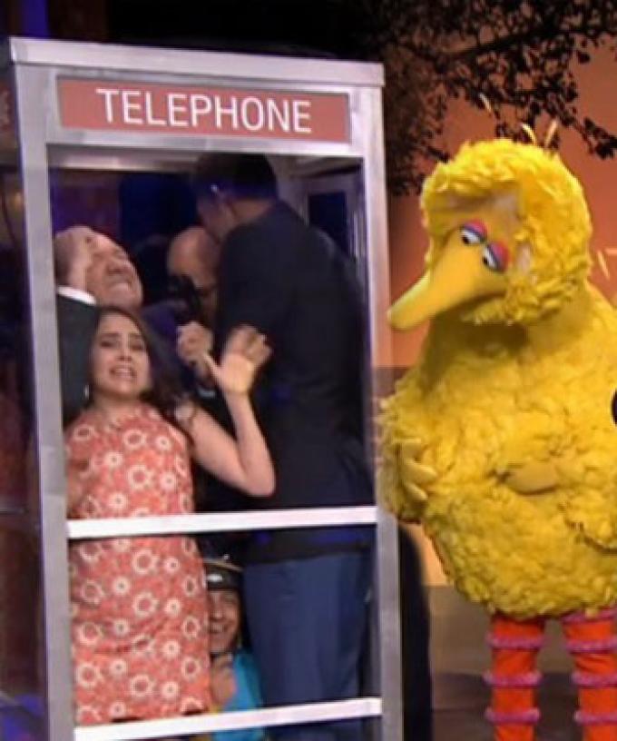 Celebs Squished Into A Phonebooth But Luckily Not Big Bird